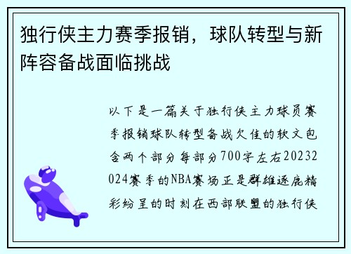 独行侠主力赛季报销,球队转型与新阵容备战面临挑战
