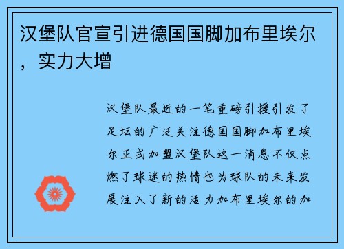 汉堡队官宣引进德国国脚加布里埃尔，实力大增