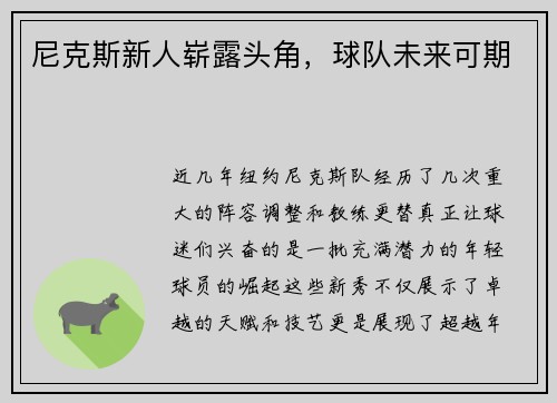 尼克斯新人崭露头角，球队未来可期